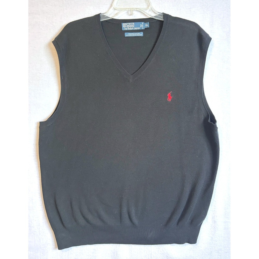 Polo Ralph Lauren Black V-Neck Sweater Vest Men's XL 100% Pima Cotton Red Pony